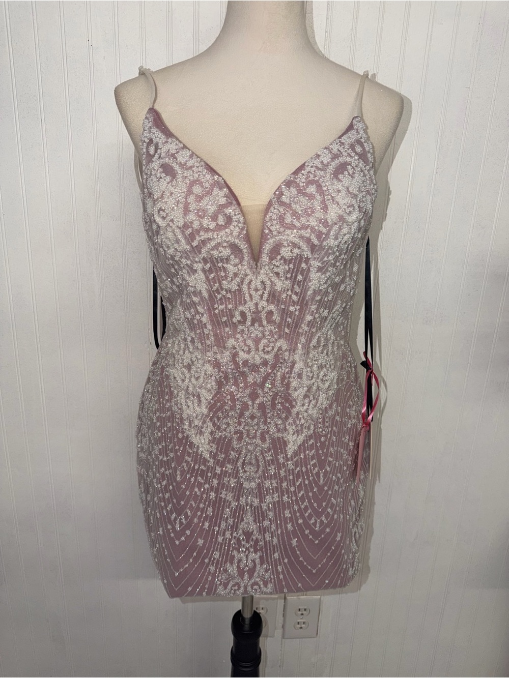 Embellished Pink Sequin Mini Dress with V-Neck